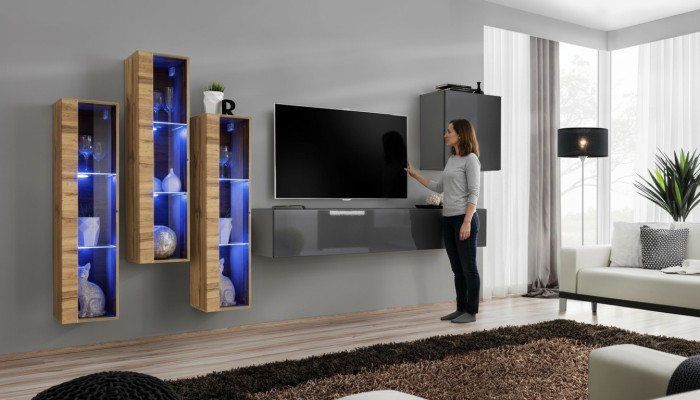 Luxus Wohnwand Grau Hochglanz TV Ständer Designer Sideboard Wohnzimmer Set