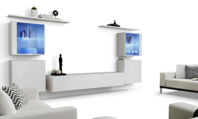 Weiß Wohnzimmermöbel Wohnwand 2x Wandregale Komplett Set Luxus Einrichtung