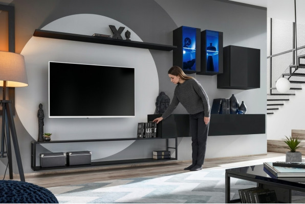 Designer Wohnwand Schwarz Modern Luxus TV Ständer Holzmöbel Einrichtung Garnitur