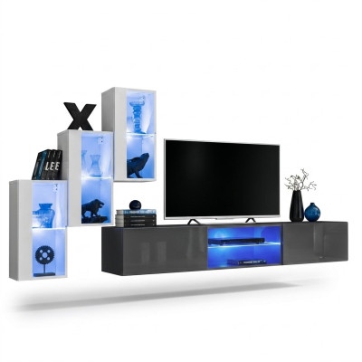 Grau Sideboard TV-Ständer Garnitur Wohnwand Komplett Wand Regale Wandschrank