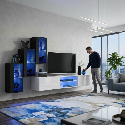 Neu Wohnwand Schwarz 3x Wandschrank Einrichtung TV-Ständer Modern Set