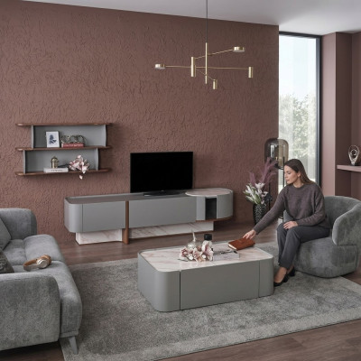 Wohnwand Set Holz Einrichtung Luxus Wohnzimmer TV-Ständer Design Wandregal