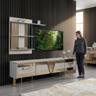 Modern Design Grau Wohnwand Holz Wand Regale Komplett TV-Ständer Möbel