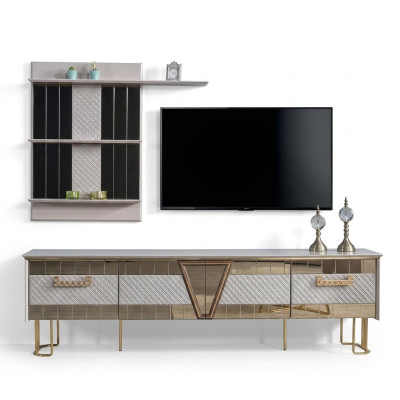 Modern Design Grau Wohnwand Holz Wand Regale Komplett TV-Ständer Möbel