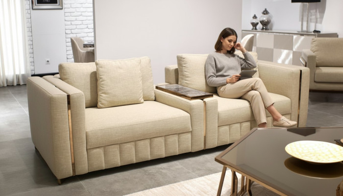 Modern Wohnzimmer Sofa Zweisitzer Beige Textil Polster Möbel Einrichtung Design