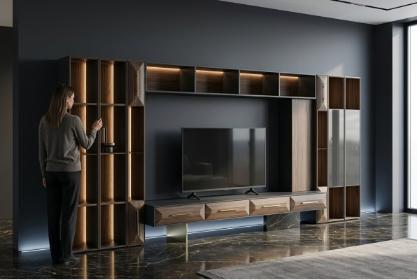 Luxuriös Wohnwand Wohnzimmer Möbel Holz TV Ständer Moderne Design neu