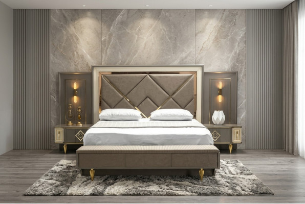 Luxus 3tlg Schlafzimmer set Bett und 2x Nachttische Design Textil 3tlg sets