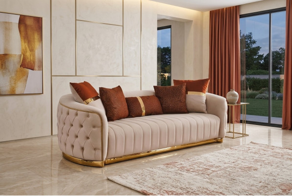 Beige Textil Dreisitzer Moderne Designer Luxus Couch Chesterfield Beige
