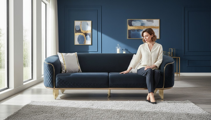 Modern Neu Sofa 3 Sitzer Polstersofa Blau Textil Sitz Design Couch