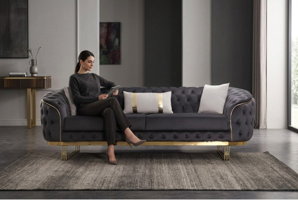 Designer Sofa 3 Sitzer textil Couch Polster Sofas Design Braun Chesterfield