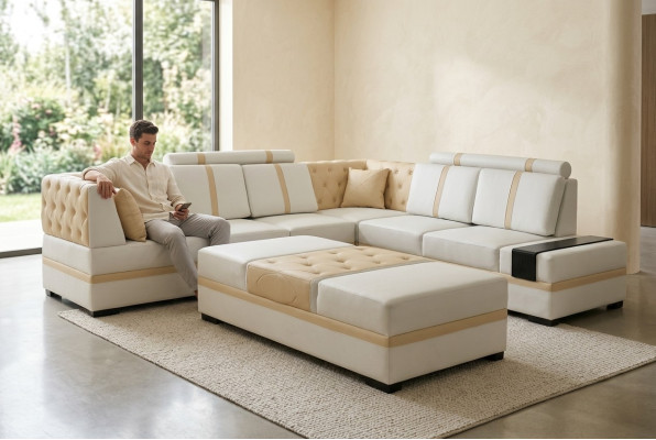 Designer Sofa Luxus Ecksofa mit Hocker Polster Garnitur Wohnzimmer L-Form