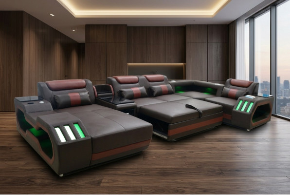 Luxus Ecksofa U-Form Wohnzimmer Sofa mit Bettfunktion Couch Möbel LED