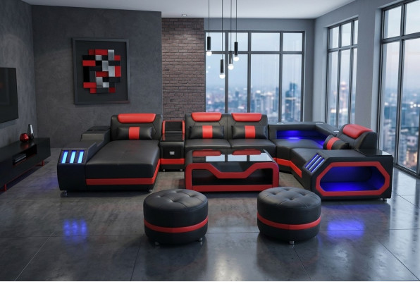 Designer Wohnzimmer set besteht aus 4tlg. modern set schwarzer Farbe Beleuchtet