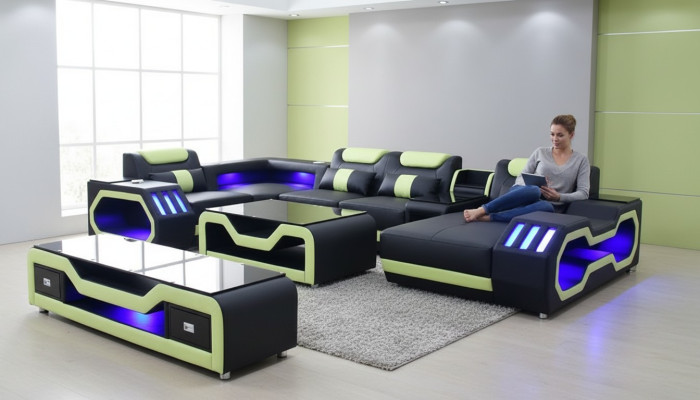 Ecksofa U-Form schwarz Wohnlandschaft Couch Polster Eckgarnitur Sofa