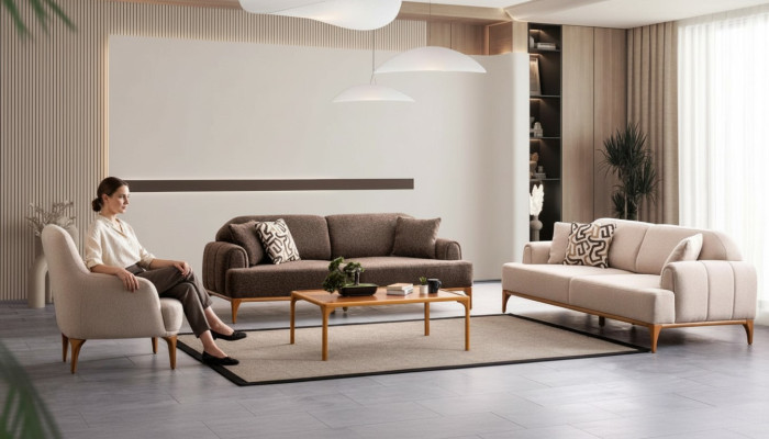Moderne Beige Sofagarnitur 3+3+1 Sitzer Wohnzimmer Möbel Luxus Set Sofa