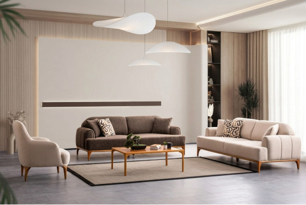 Moderne Beige Sofagarnitur 3+3+1 Sitzer Wohnzimmer Möbel Luxus Set Sofa