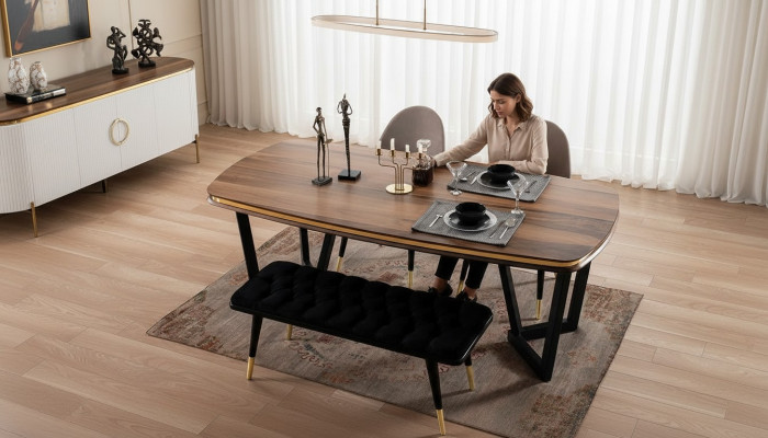 Esszimmer Set Besteht aus Esstisch+4x Stühle und Bank Braun Farbe 6tlg.
