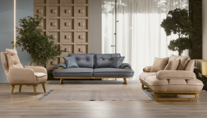 Stilvolle Grau-Beige Wohnzimmer Sofagarnitur Designer 3+3+1 Sitzer 3tlg