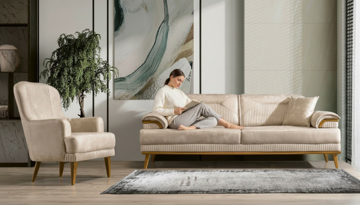 Beige Wohnzimmer Sitzgarnitur Designer Sofagarnitur Polster 3+1 Sitzer