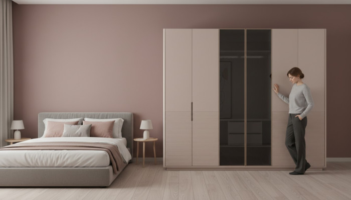 Designer Beiger Glasschrank Moderne Schlafzimmer Holz Möbel Schrank