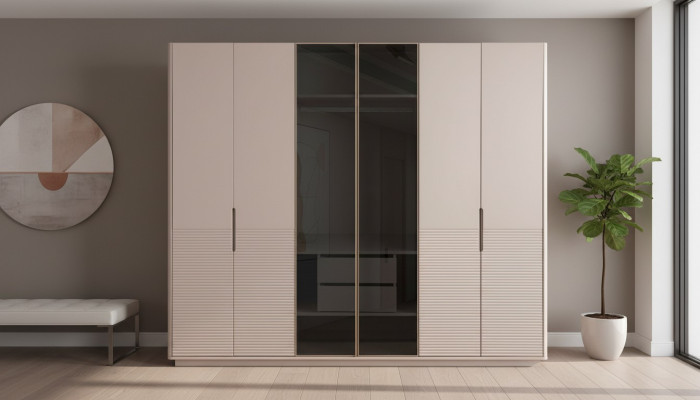 Designer Beiger Glasschrank Moderne Schlafzimmer Holz Möbel Schrank