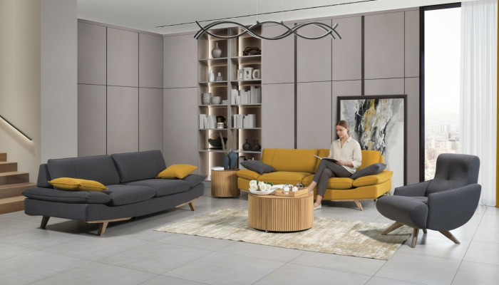 Grau-Gelbe Wohnzimmer Sitzmöbel Luxus 2x 3-Sitzer Couchen Einsitzer 3tlg