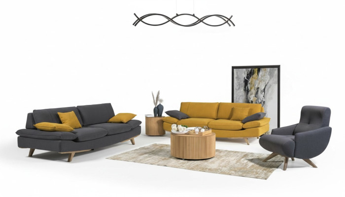 Grau-Gelbe Wohnzimmer Sitzmöbel Luxus 2x 3-Sitzer Couchen Einsitzer 3tlg