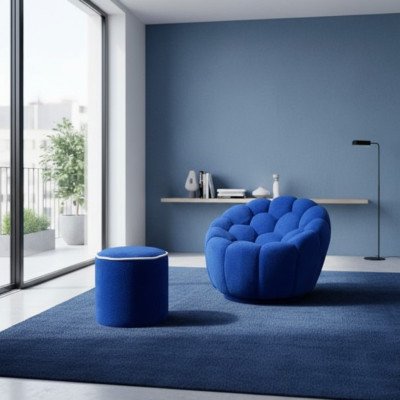 Blauer Sessel Designer Wohnzimmer Set 2tlg Exklusiver Polster Hocker