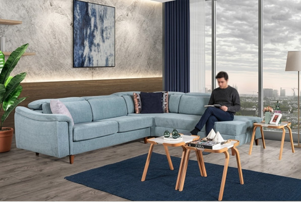 Blaues Ecksofa L-Form Wohnzimmer Polster Couchen Designer Holzgestell