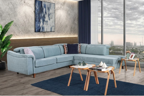 Blaues Ecksofa L-Form Wohnzimmer Polster Couchen Designer Holzgestell