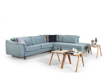 Blaues Ecksofa L-Form Wohnzimmer Polster Couchen Designer Holzgestell