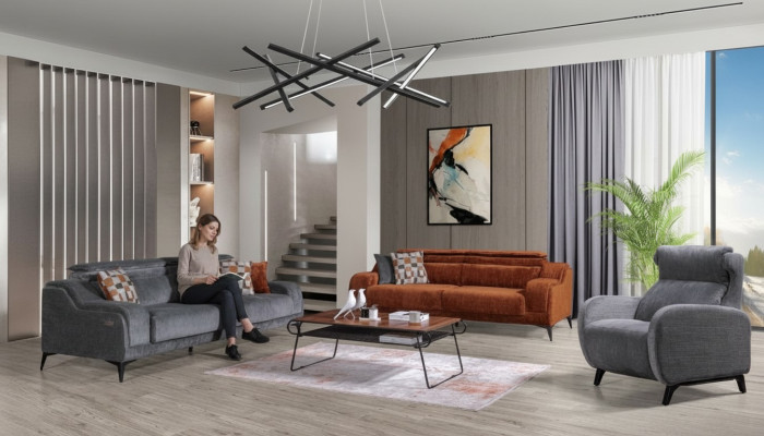 Grau-Orange Wohnzimmer Sitz Möbel Exklusiver 3-Sitzer Luxus Einsitzer