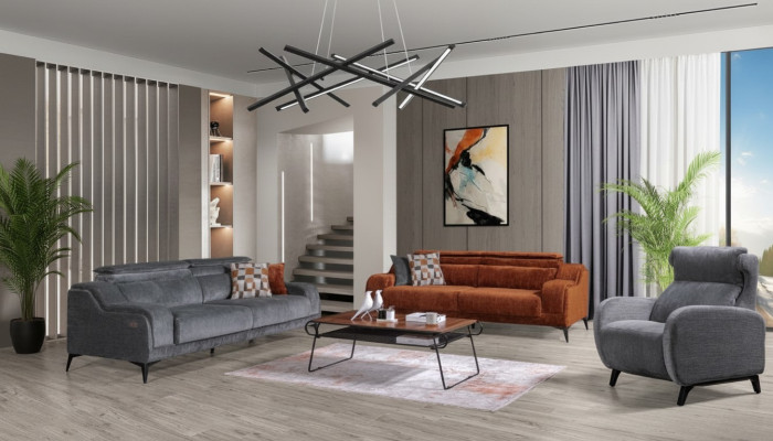 Grau-Orange Wohnzimmer Sitz Möbel Exklusiver 3-Sitzer Luxus Einsitzer