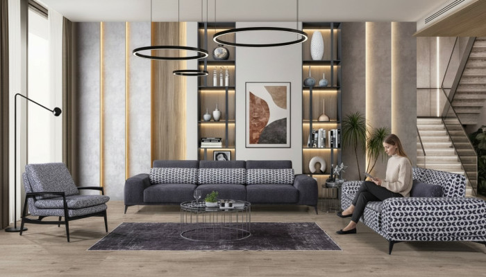Graues Wohnzimmer Sitzgarnitur Exklusiver Dreisitzer Einsitzer 3tlg 4+3+1