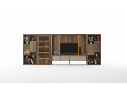 Moderne Braune Wohnwand Wohnzimmer Holzwand Mux LED-Regalen Wohnwände