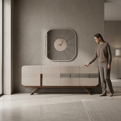 Beige 4-türige Esszimmer Anrichte Rechteckiger Spiegel Luxus Holz Möbel
