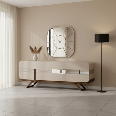 Beige 4-türige Esszimmer Anrichte Rechteckiger Spiegel Luxus Holz Möbel