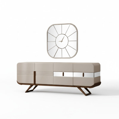 Beige 4-türige Esszimmer Anrichte Rechteckiger Spiegel Luxus Holz Möbel