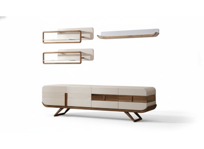 Weiße Wohnzimmer Wohnwand Designer Lowboard 2x Regale Holz Möbel 4tlg