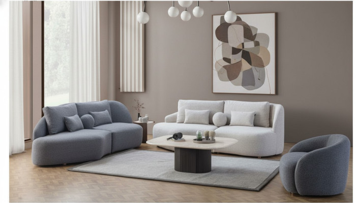 Grau-weiße Wohnzimmer Garnitur 3+3 Sitzer Designer Textilsessel 3tlg