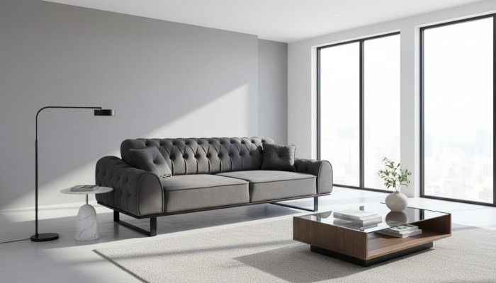 Grauer Chesterfield 3-Sitzer Edler Dreisitzer Designer Wohnzimmer Couch