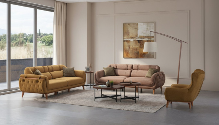 Chesterfield Braue Garnitur Wohnzimmer Sofas 2x Dreisitzer Sessel Möbel