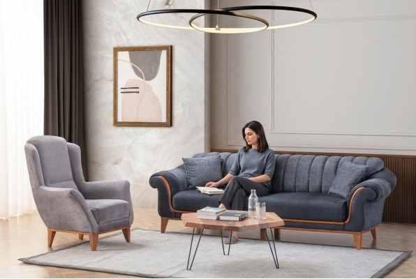 Blau-Graue Wohnzimmer Sitzgarnitur Stilvoller 3-Sitzer Luxus Sessel 2tlg
