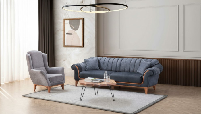 Blau-Graue Wohnzimmer Sitzgarnitur Stilvoller 3-Sitzer Luxus Sessel 2tlg