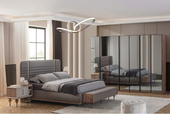 Moderne Schlafzimmer Möbel Garnitur Doppelbett Nachttische Glasschrank