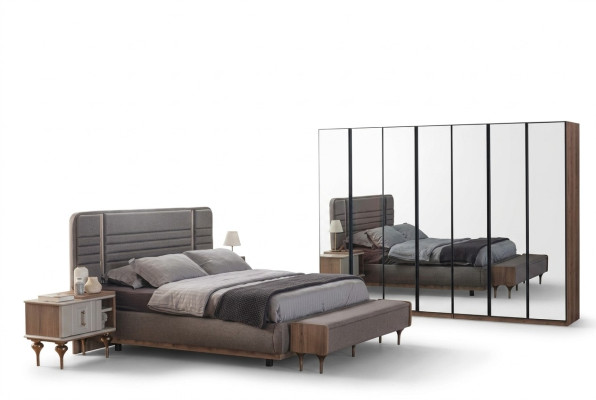 Moderne Schlafzimmer Möbel Garnitur Doppelbett Nachttische Glasschrank