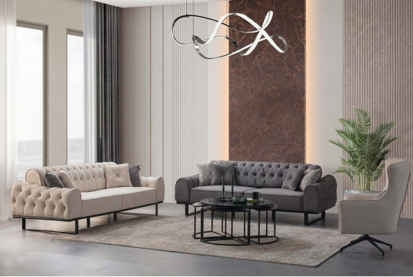 Weiß-Graue Chesterfield Couchgarnitur Designer Polster Sessel 3tlg Set