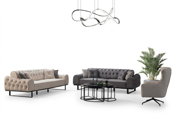 Weiß-Graue Chesterfield Couchgarnitur Designer Polster Sessel 3tlg Set