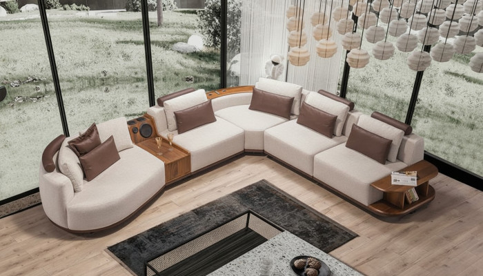Beiges Wohnzimemr Ecksofa Exklusive L-Form Couch Modernes Holzgestell