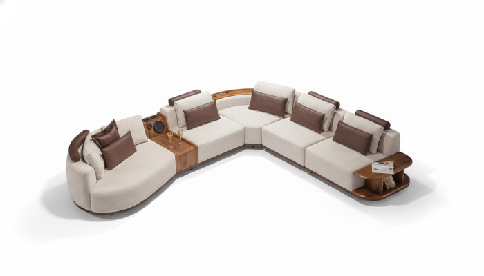 Beiges Wohnzimemr Ecksofa Exklusive L-Form Couch Modernes Holzgestell